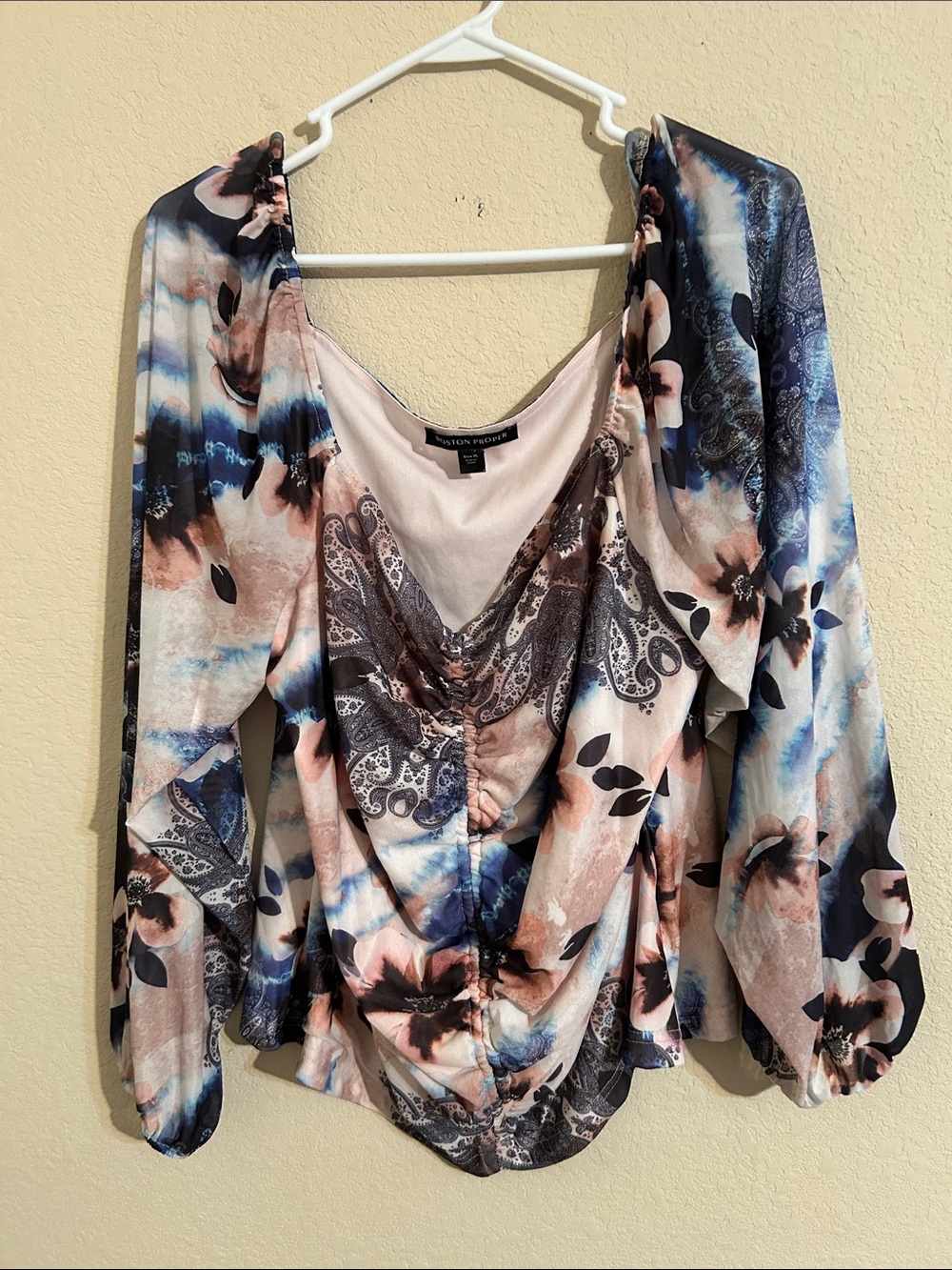 Boston Proper Floral Drape Front Long-Sleeve Blouse in Pink and Blue